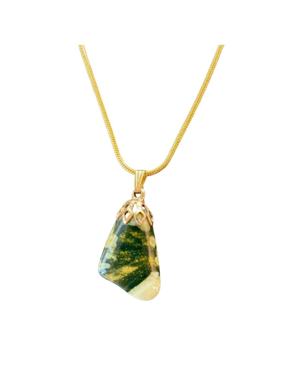 Moss Agate Pendant Necklace 16in Gold Tone Chain Natural Stone Boho Jewelry